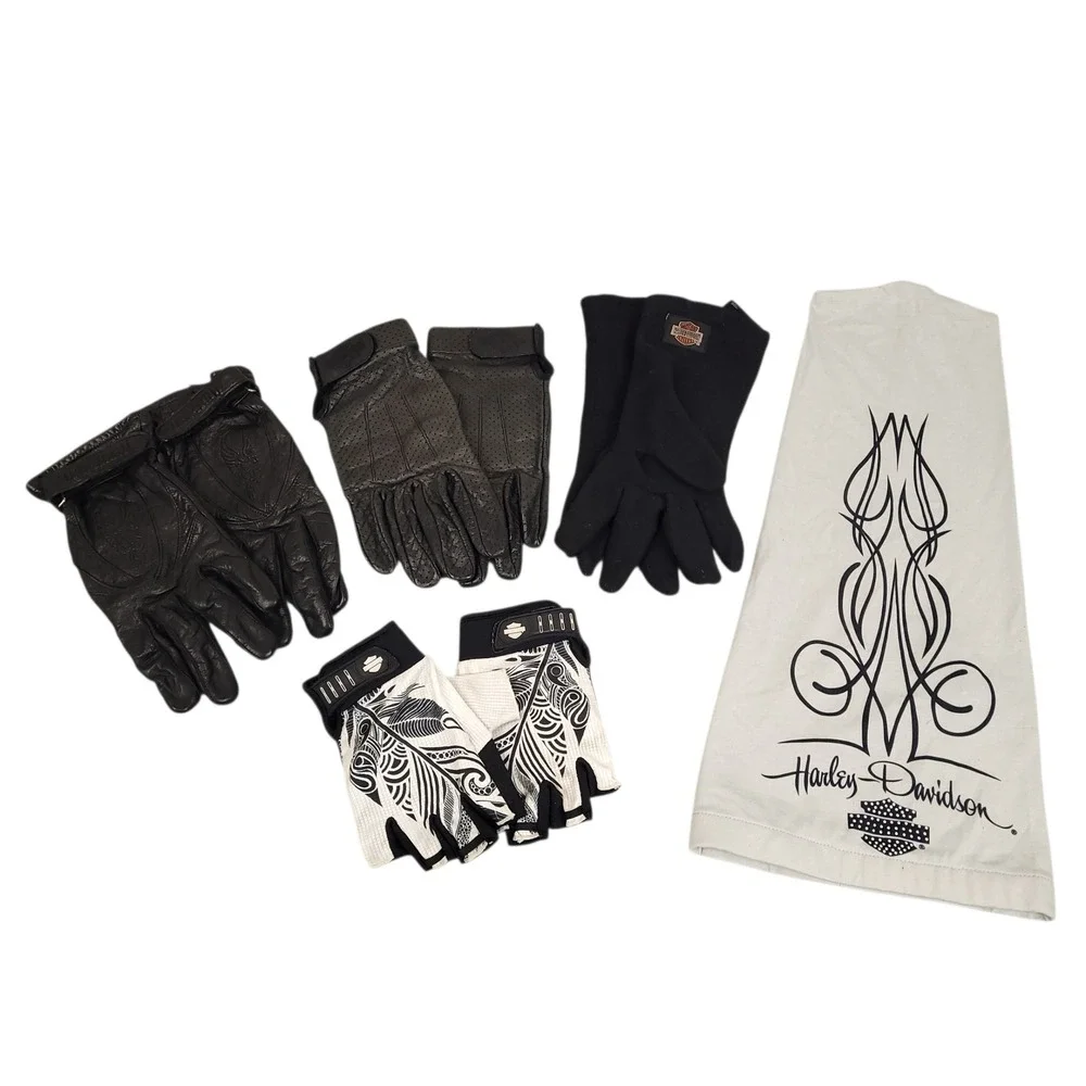 Harley Davidson Womens Gloves Bundle Leather Fingerless Fleece L & XL Black EUC